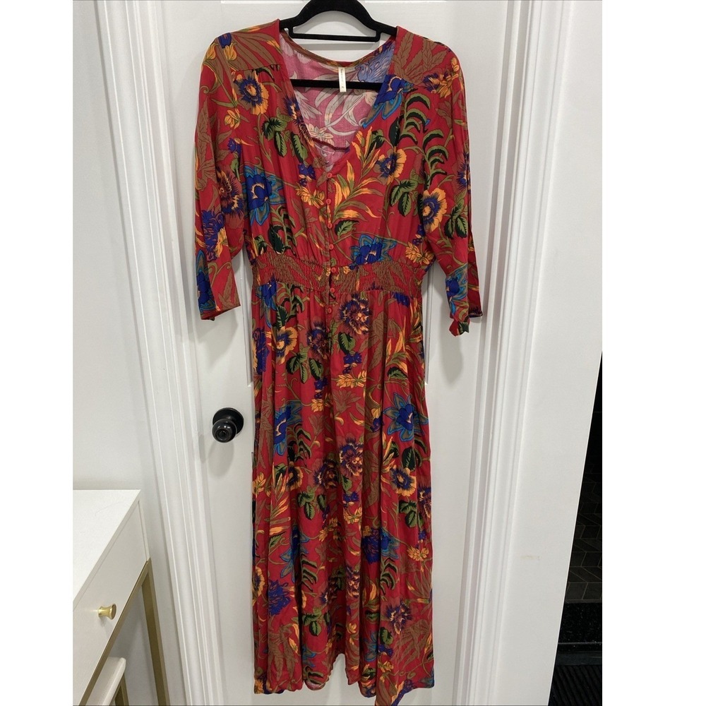 You Are Sweet Women's XL Maxi Dress Button Down Red‎ Floral Ruched Waist V-Neck